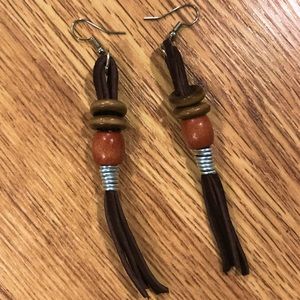 Handmade Leather Fringe & Wood Earrings (tan)